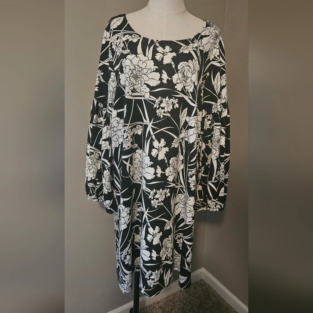 NWT Bryn Walker Floral Print Round Neck Long Sleeve Lantern Dress:Black/White:XL - Picture 2 of 16
